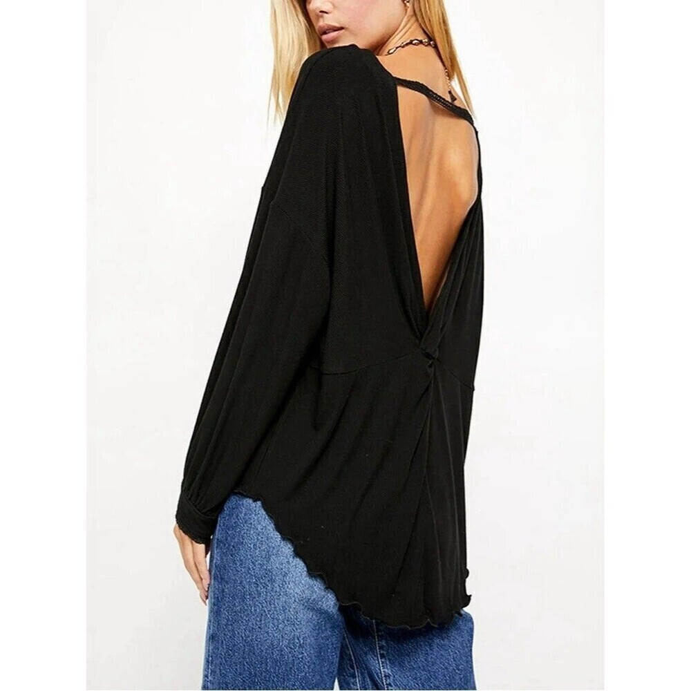 Free People Shimmy Shake Top Size XS Black Oversized Ribbed Long Sleeve Shirt